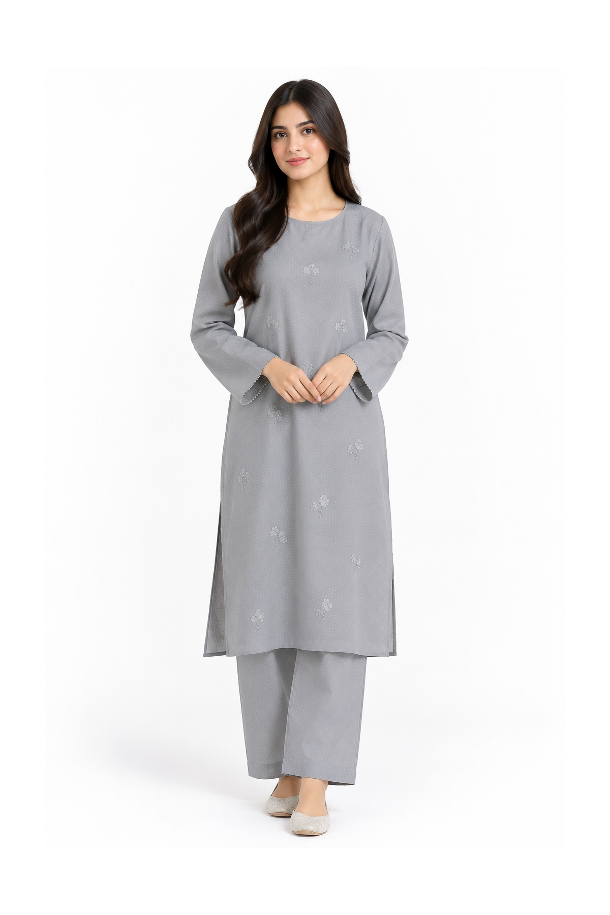 2-Piece Textured Satin Cotton Embroidered