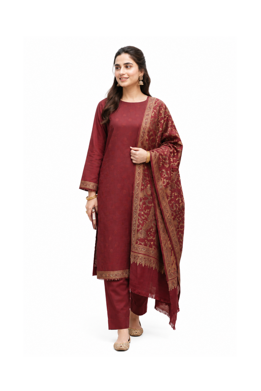 3 Piece Peach Wool Jacquard Shirt Pure Pashmina Print Shwal Dyed Peach Trouser