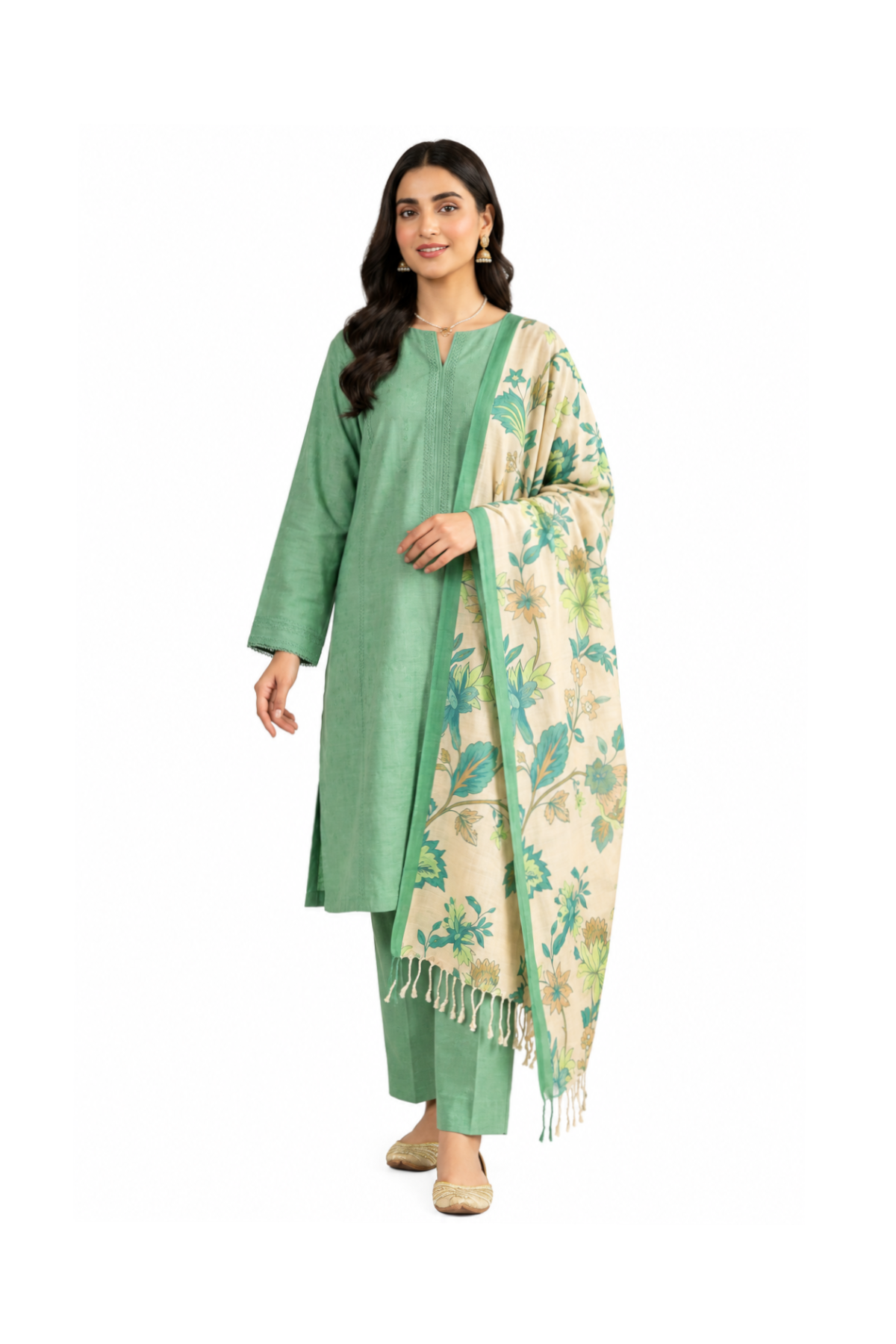 3 Piece Peach Wool Jacquard Shirt Pure Pashmina Print Shwal Dyed Peach Trouser