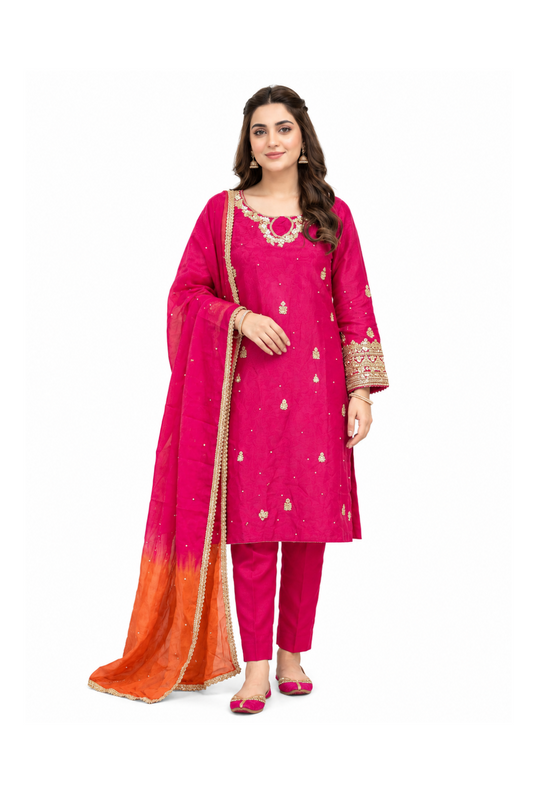 Shocking Pink Tussle Silk 3-Piece Luxury Unstitched Suit